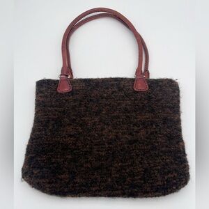 Artsy Brown Woolen knit Handbag with leather handles and magnetic snap closure